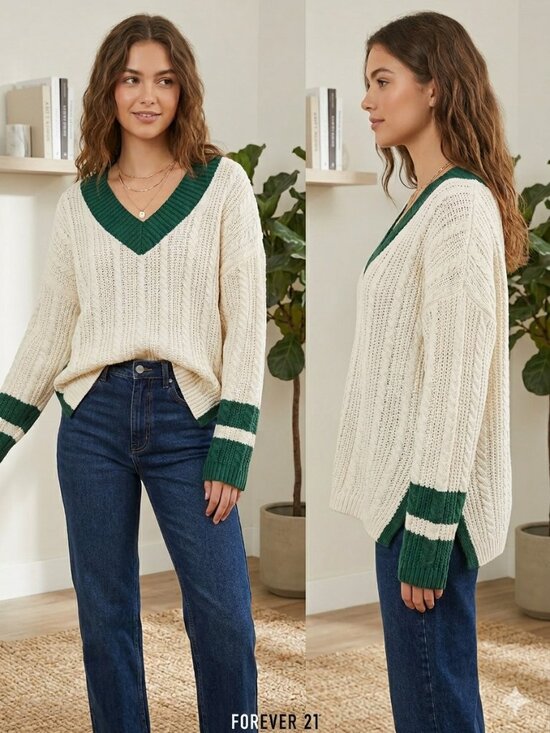 Forever 21 Sweaters - NEW Forever21 Cable Knit V-neck White and Green Oversized Sweater - Size Medium